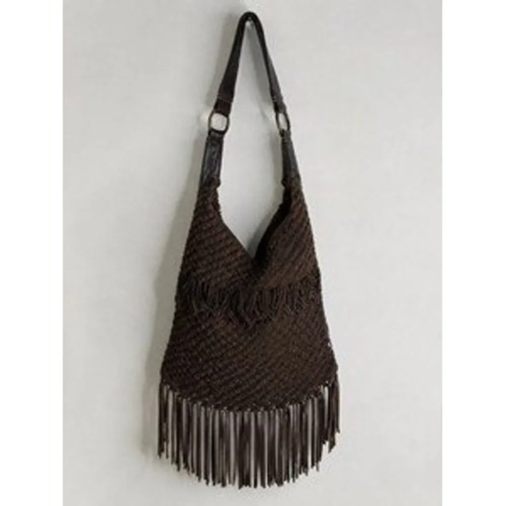 Lucky Brand Hobo Bag Womens OS Brown Suede Woven Fringe Leather Trim